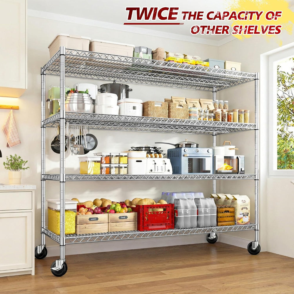 REIBII Set of 2 Storage Shelves Metal Shelving with Wheels,Adjustable Wire Sh...