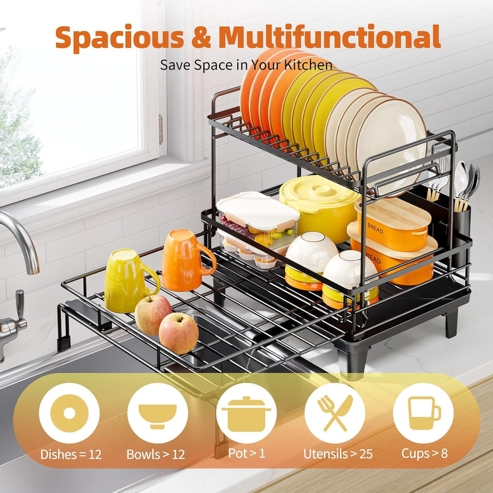 Urackify Expandable Sink Dish Drying Rack for Kitchen Counter, 2-Tier Black