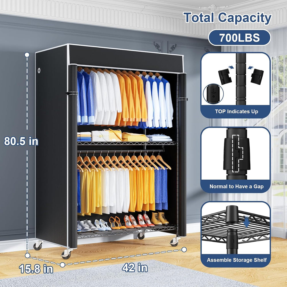 ULIFHOME P8C Pro Heavy Duty Clothes Rack（With Extended Width Design） Rolling ...