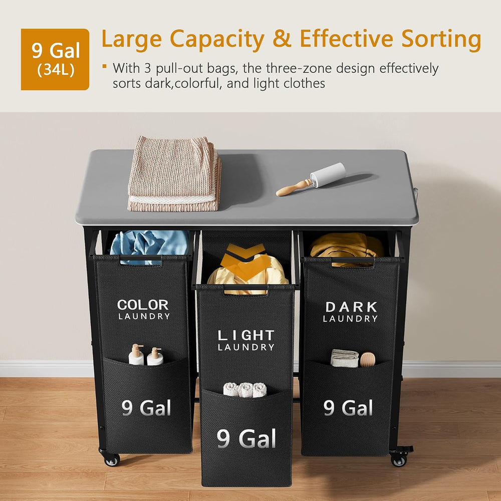 3 Section Laundry Sorter with Ironing Board, Black