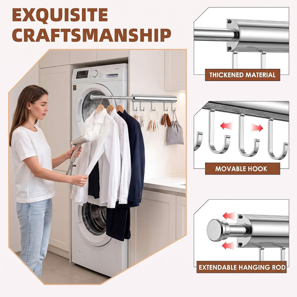 Valet Rod for Closet, 12" Pull Out Retractable with 5 Hooks（Chrome)