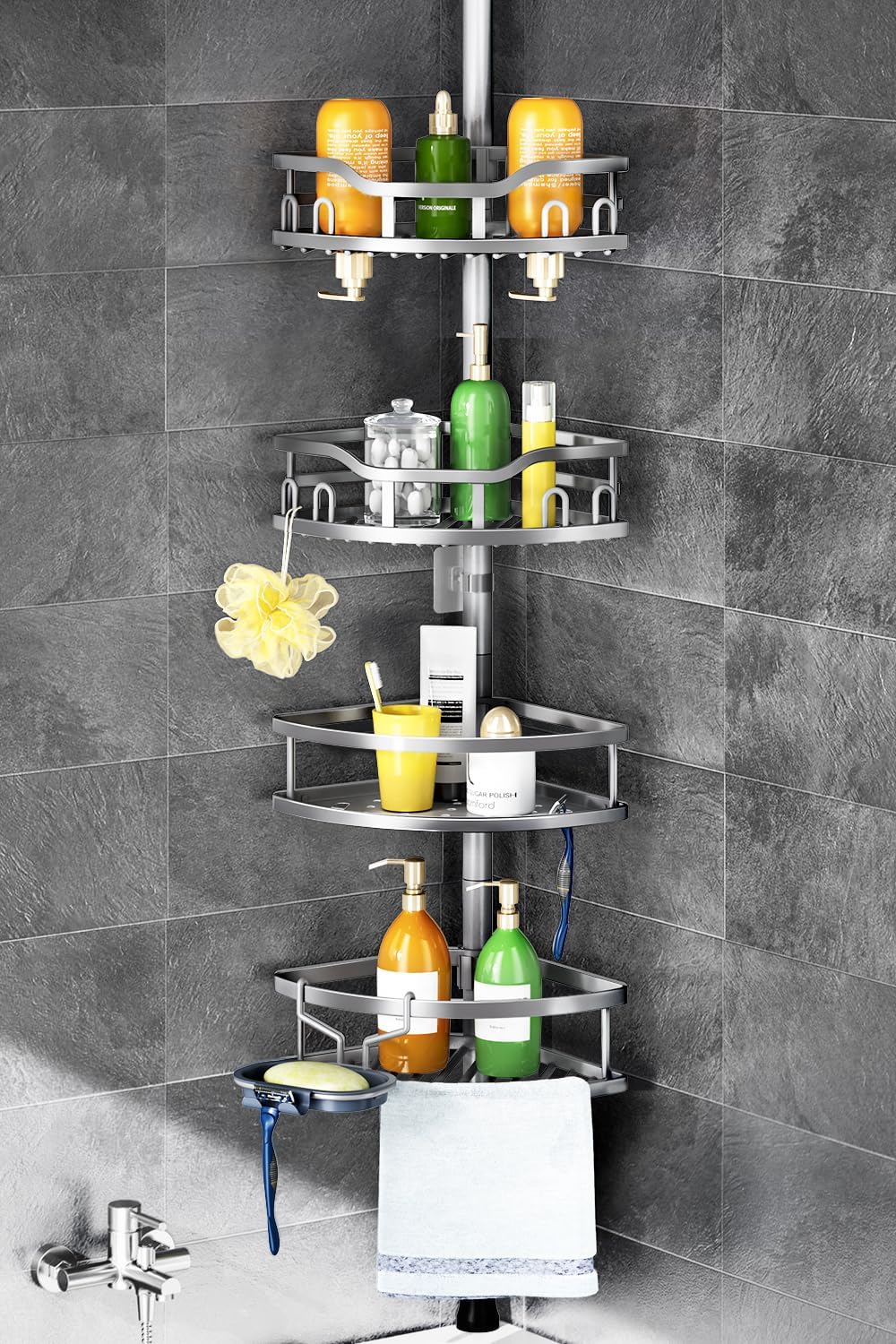 HAMITOR Corner Shower Caddy Tension Pole: Rustproof Stable 4-Tier Bathroom Or...
