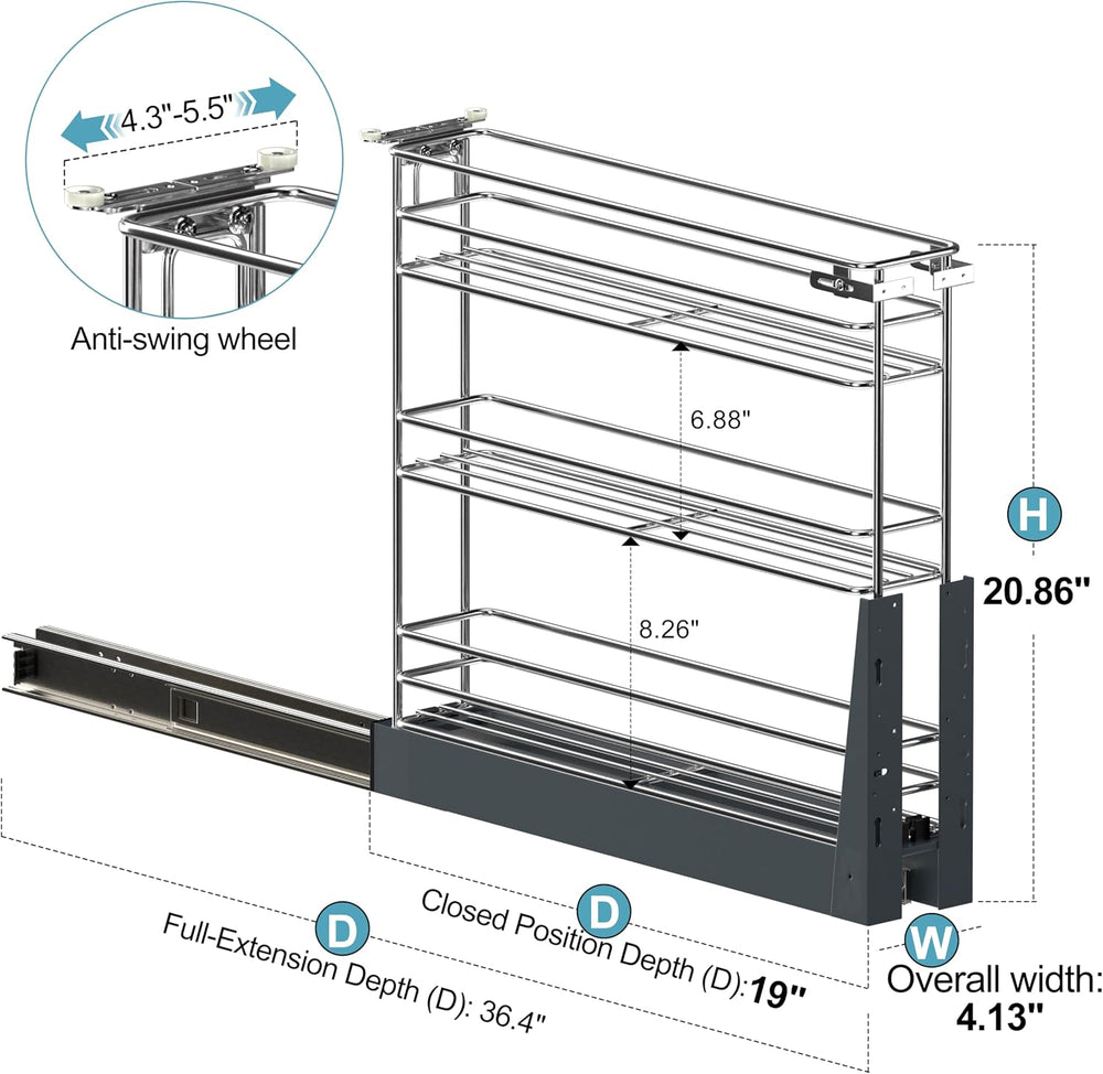 JOWBOOW 4 Inch Pull Out Spice Rack for 9 Inch Base Cabinet, Bottom Mount