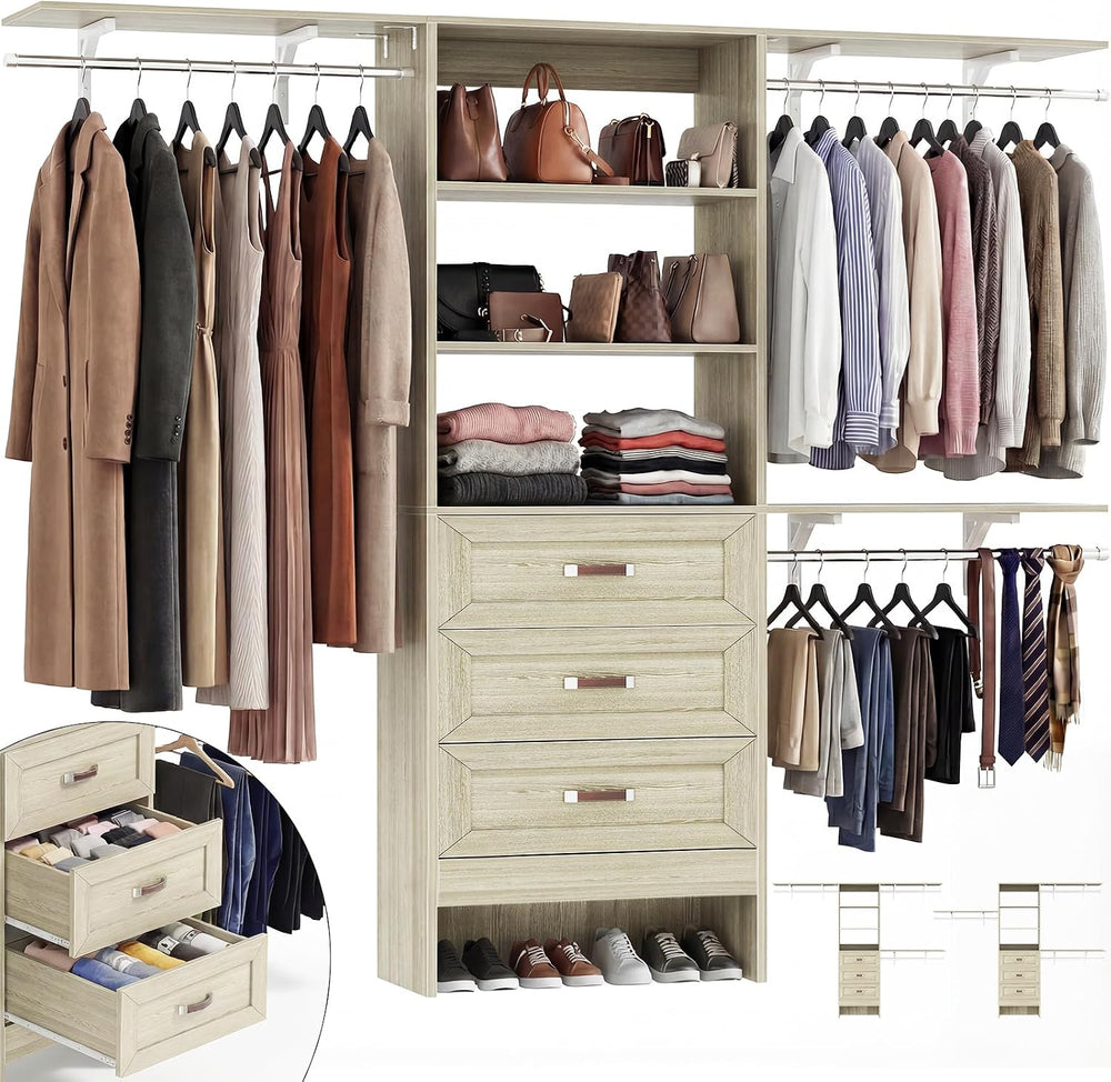8FT Closet System with 3 Curved Drawers, 96'' Wooden Walk-in Closet O...