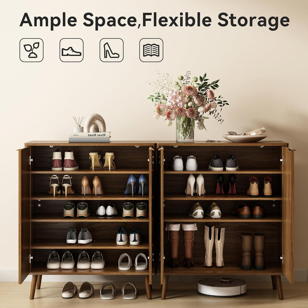 5-Tier Shoe Storage Cabinet with Adjustable Shelves, Natural Oak丨Fluted Shoe ...