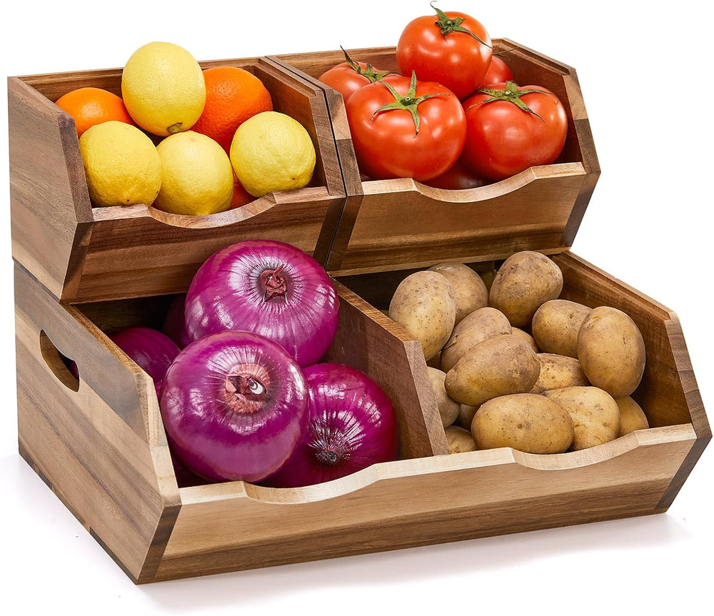 Acacia Wood Pantry Storage Bins, Stackable Storage Baskets Potato and Onion S...