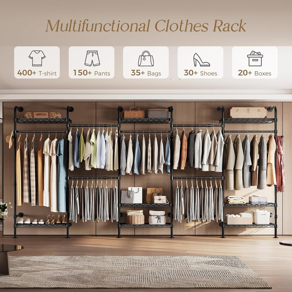 Wall Mounted Closet System, Heavy Duty 5-Row Clothes Rack, Expandable Industr...