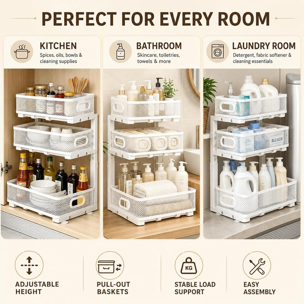 2 Pack 3 Tier Under Sink Organizer with Pull Out Drawer, Height Adjustable He...