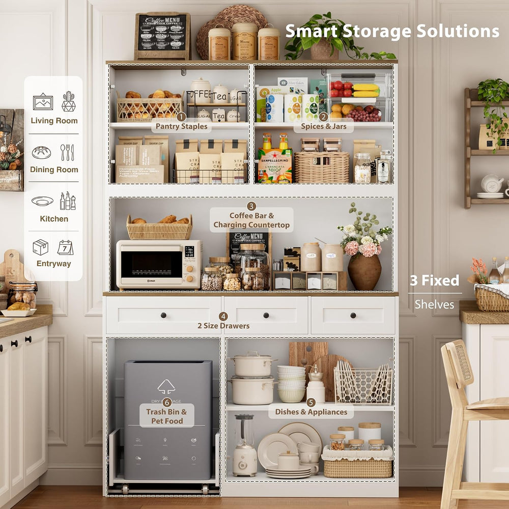 HOSTACK 72" Kitchen Pantry with 13 Gallon Pull Out Trash Can Cabinet, White