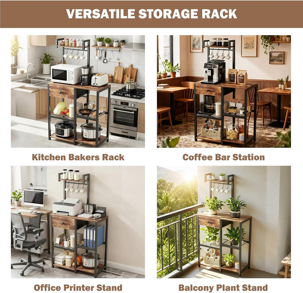 Kitchen Bakers Rack with Drawer,6 Tier Microwave Stand with Hooks
