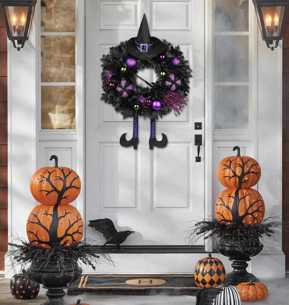 Halloween Wreath for Front Door 26" Tinsel Black Witch Wreath with Hat L...