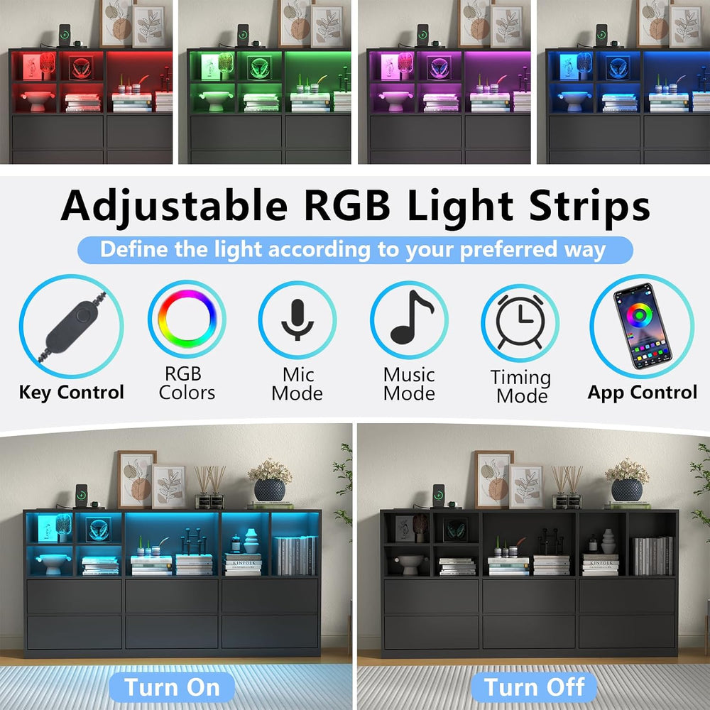 Black 6 Drawers Dresser with 7 Storage Cubbies, LED Lights, Power Outlets
