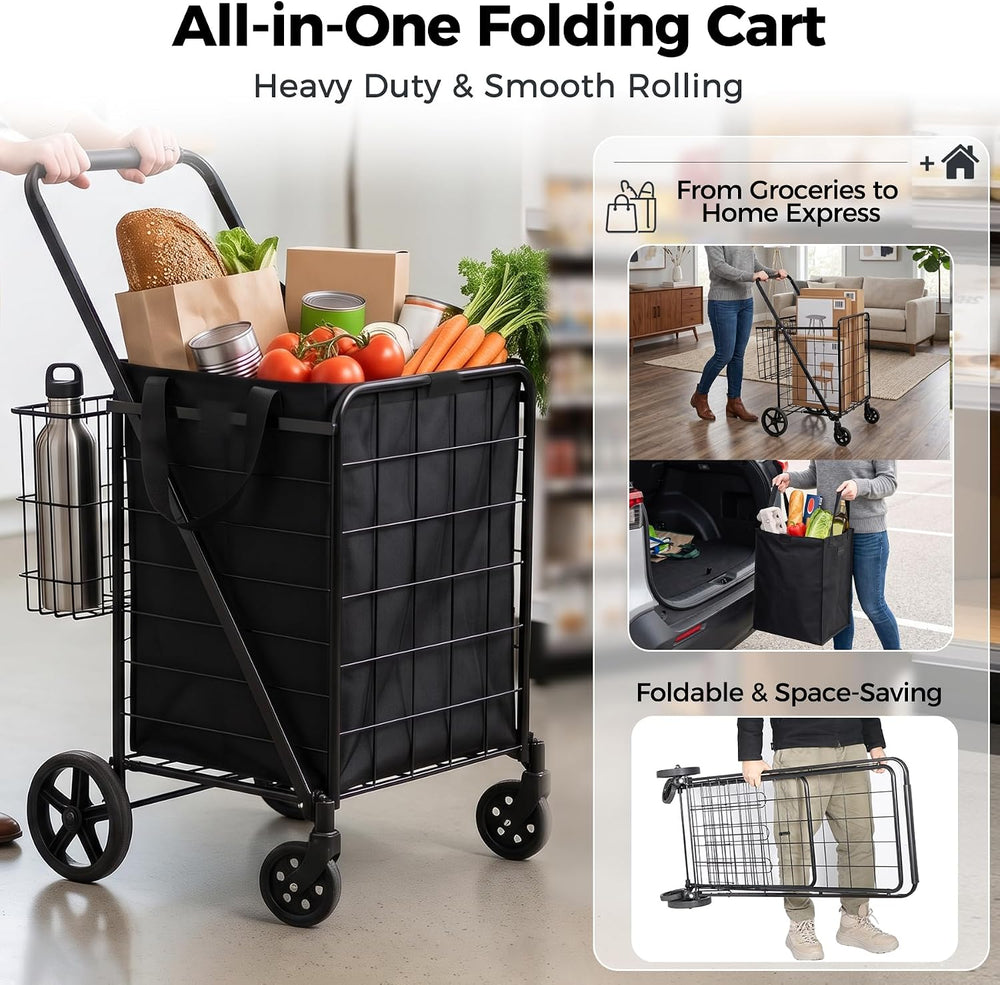 Foldable Shopping Utility Cart Portable Grocery Cart with 360° Whees Double W...