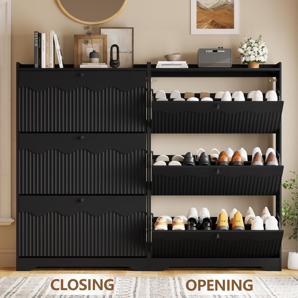 BORNOON Shoe Storage Cabinet with 3 Flip Drawers and Modern Wave-Edge Fluted ...
