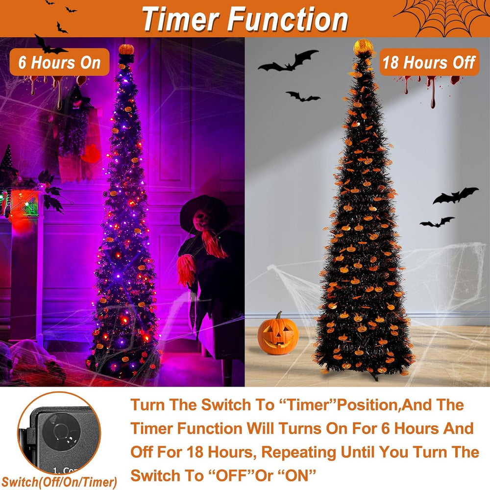 6 Ft Black Tinsel Halloween Tree with Lights Halloween Decorations