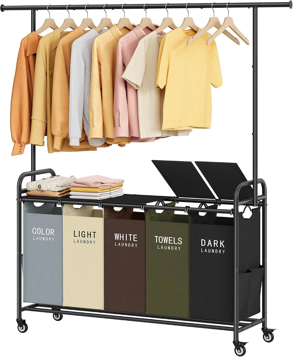 Tajsoon Laundry Sorter with Hanging Rod and Lid, 5 Section, 246L, 5 Colors