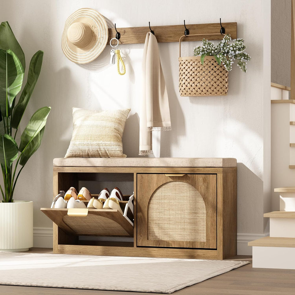 Rattan Narrow Entryway Bench with Shoe Storage, 2 Flip Drawers & Coat Rac...
