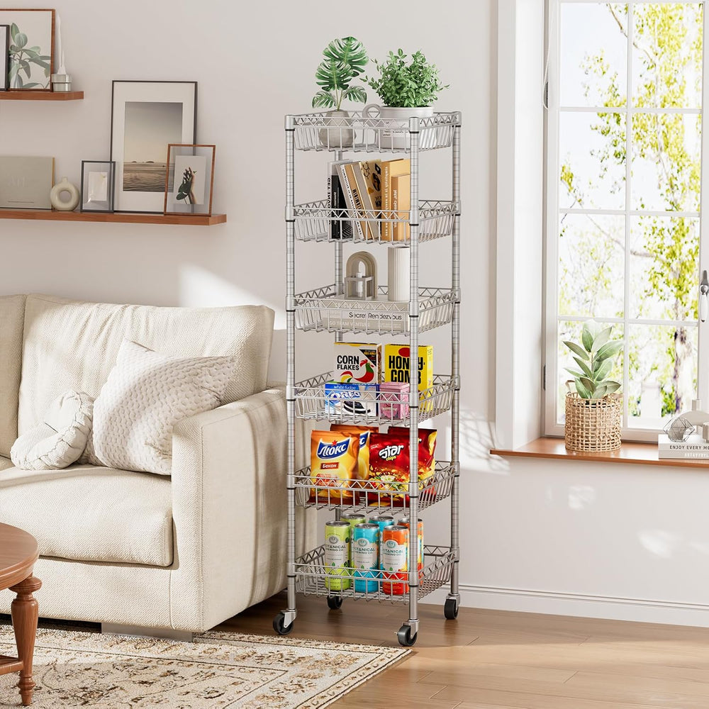 Basket Shelves Closet Rack with Wheels Metal Pantry Wire Shelf Unit
