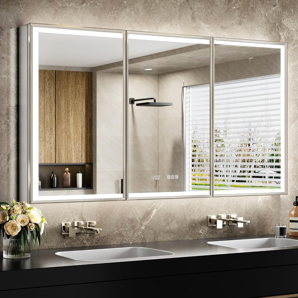 60x30 Lights Medicine Mirror Cabinet, Beveled Brushed Nickel Frame
