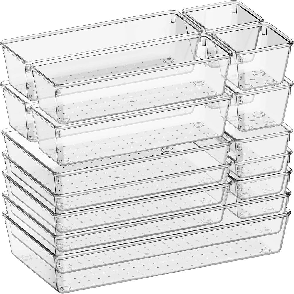 16 Pack Large Clear Plastic Drawer Organizer Bins - 5 Size Acrylic Bathroom a...