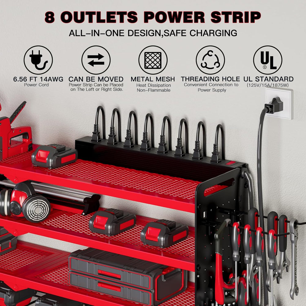 Power Tool Organizer Wall Mount, 8-Drill Charging Station, Red
