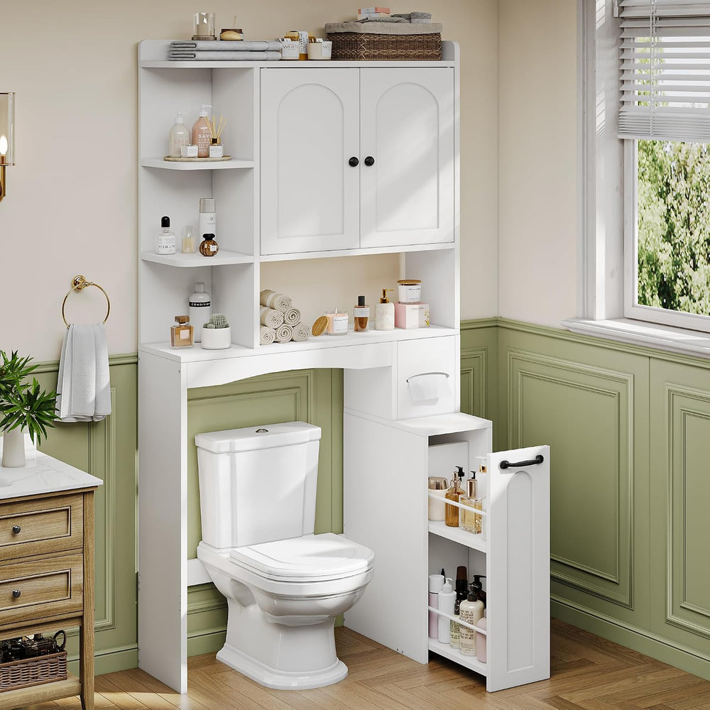 Over The Toilet Storage Cabinet with Pulley & Arched Doors, White