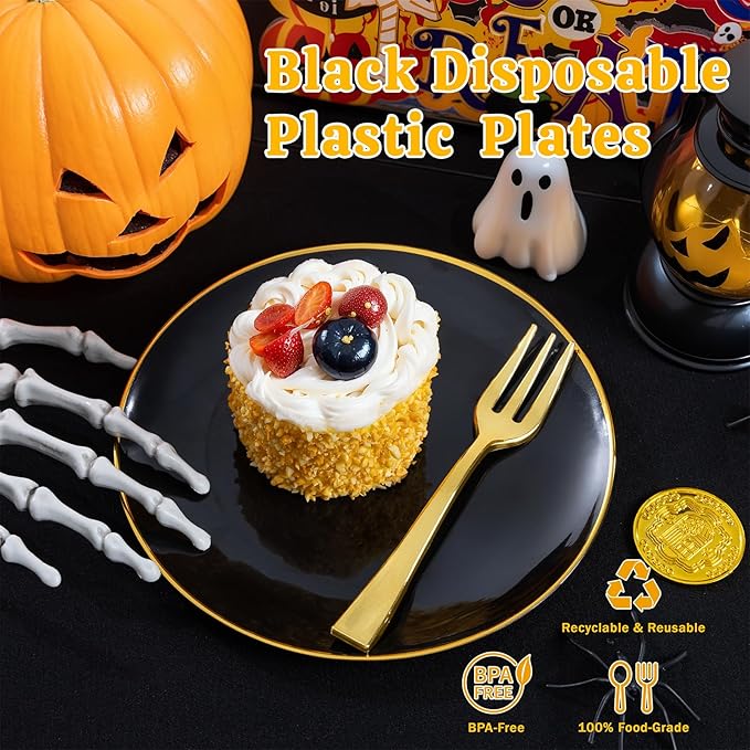 Festiva 200Pcs Black Gold Dessert Plates 6.3" with Plastic Forks 5"...