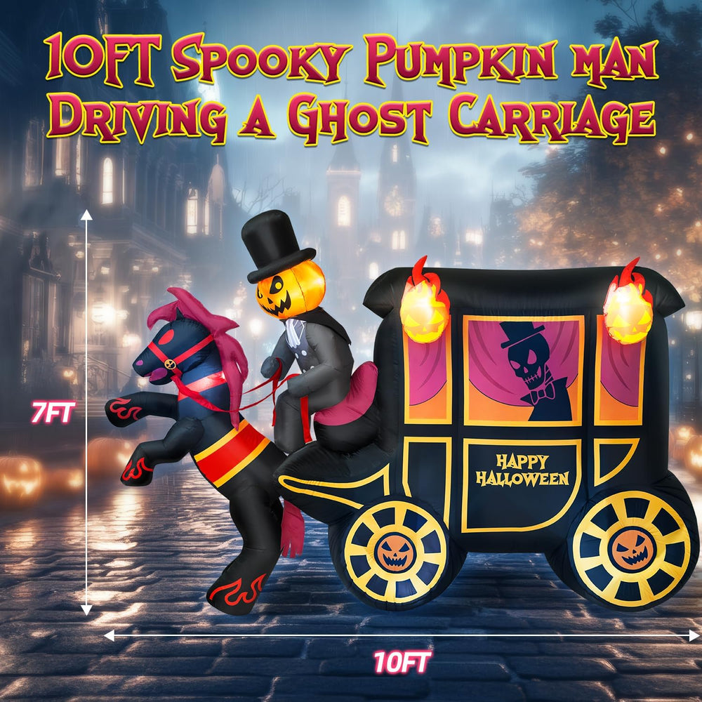 10FT Long Halloween Inflatables Built-in LED Light Pumpkin-Headed Horse Carri...
