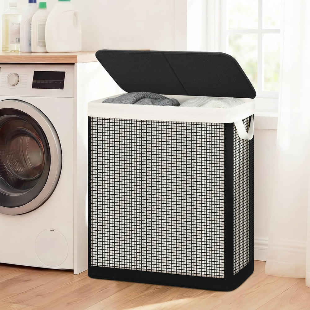 2 Section Laundry Hamper with Lid, 140L Steel-Frame Double Laundry Hamper wit...