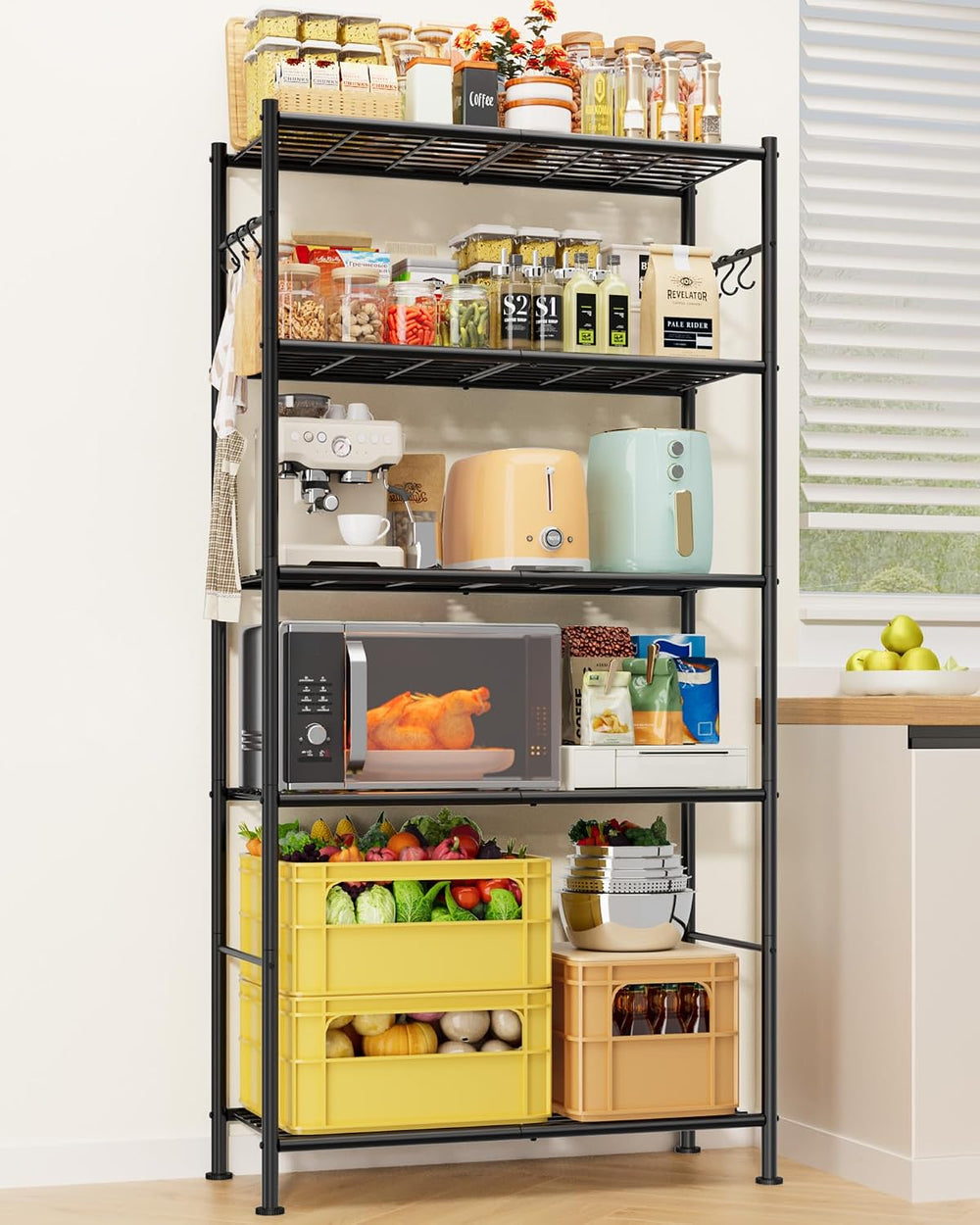 Sakugi Storage Shelves - 5-Tier Spacious Shelf Organizer with Hooks & Lev...
