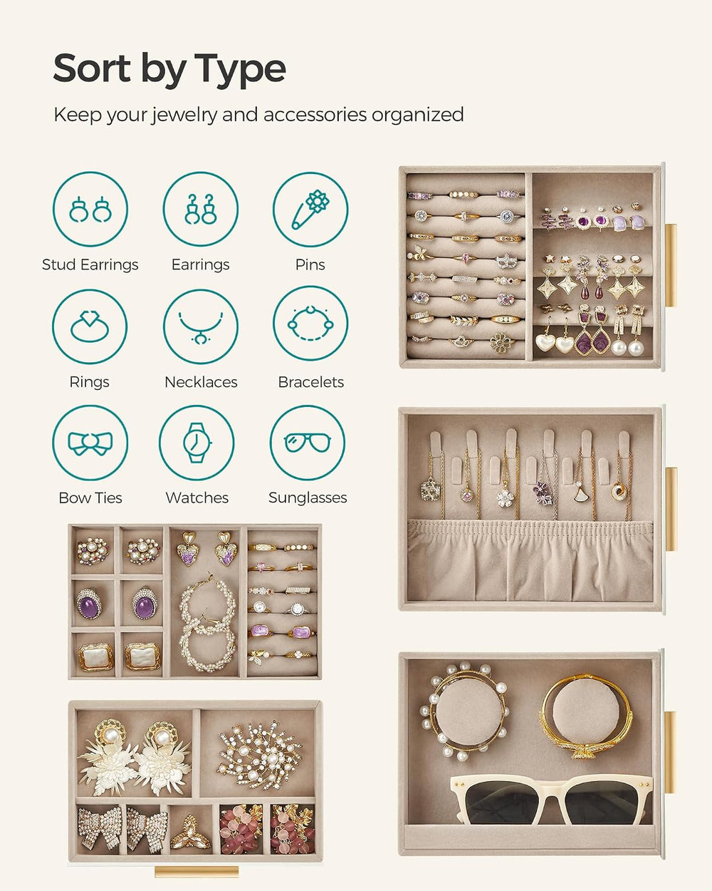 SONGMICS 5-Layer Jewelry Box with Glass Window, 3 Side Drawers