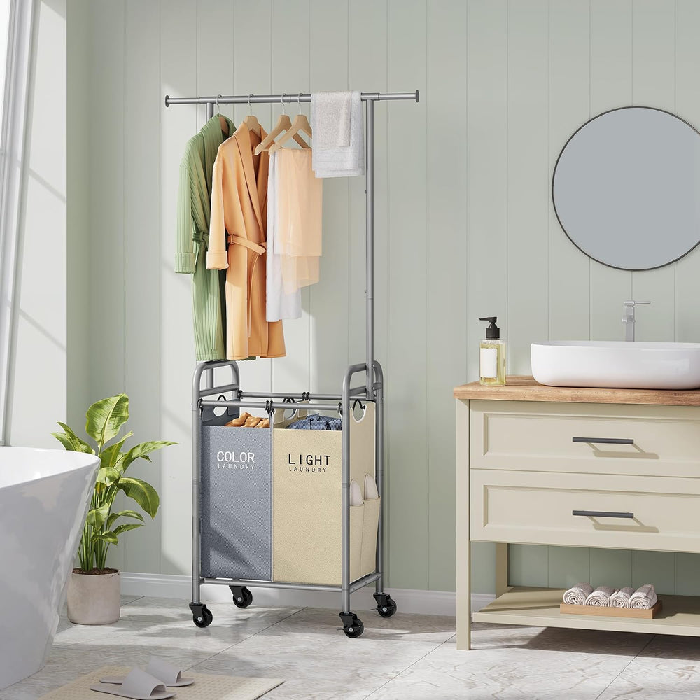 Tajsoon 2 Section Laundry Sorter Hamper with Hanging Rack, Beige & Gray