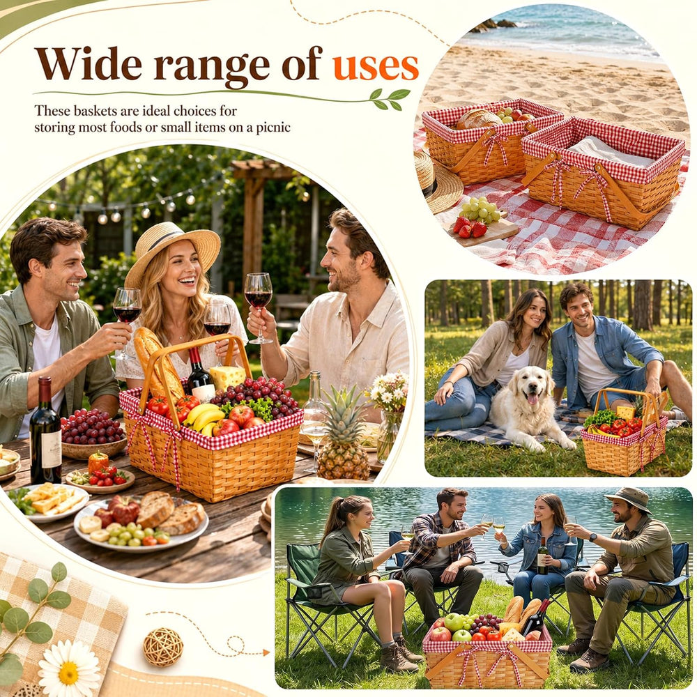 Yesland Picnic Basket, 2 Sizes Natural Woven Woodchip Basket with Double Fold...