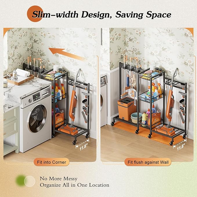 Broom Holder with Cleaning Supplies Organizer, Broom Closet Storage Cabinet