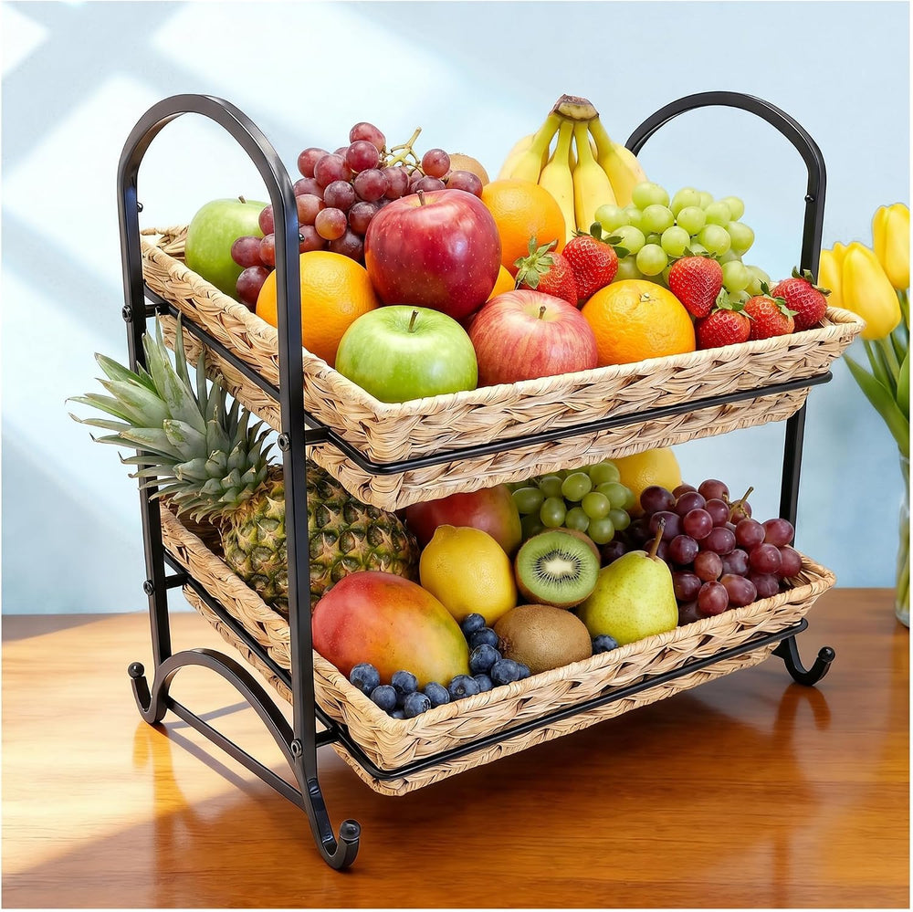 2-Tier Faux Rattan Wicker Storage Basket with Metal Frame, Countertop Organiz...
