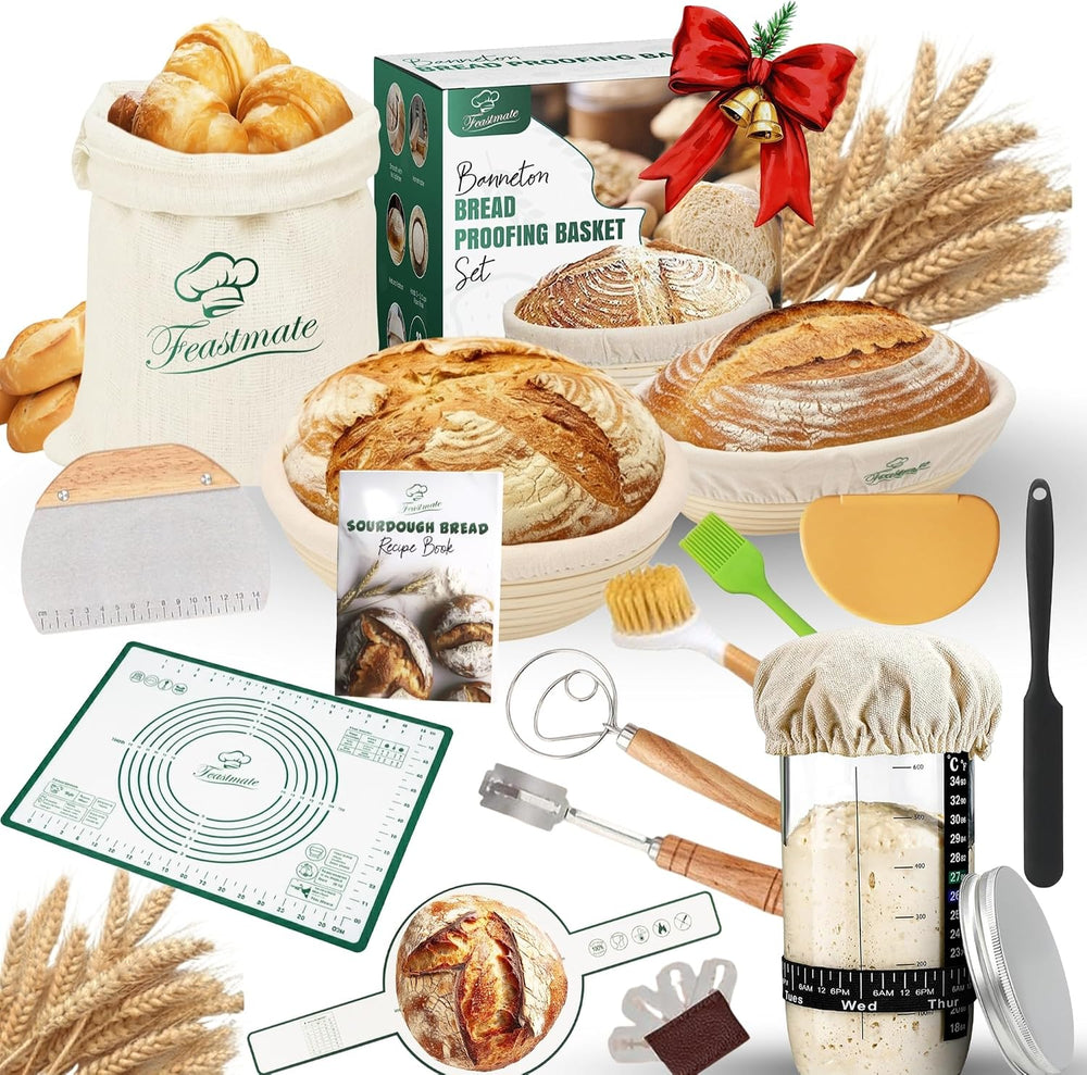 Sourdough Starter Kit - Banneton Bread Proofing Basket Set with Liners, Sourd...