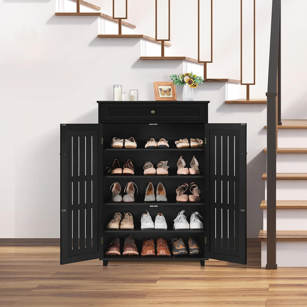 Topeakmart Shoe Rack Storage Cabinet with Louvered Door for Entryway Black