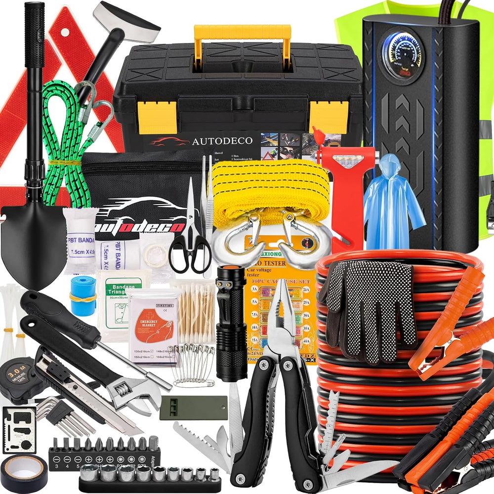 98 PCS Roadside Car Emergency Assistance Kit with Portable Air Compressor Jum...