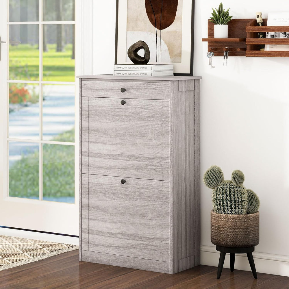 FTZxHKLX Shoe Rack Cabinet 2 Flip Drawers, Entryway Shoe Storage, Wash Grey