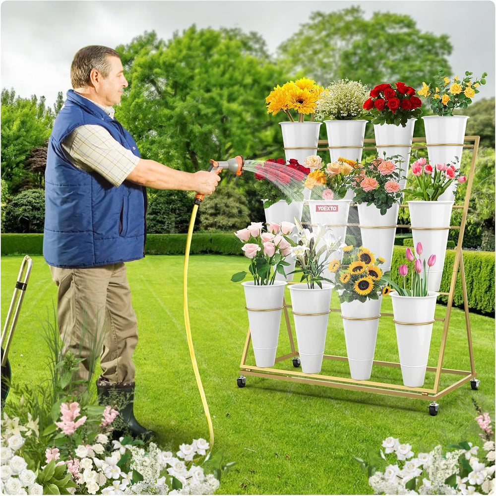 Flower Display Stand 3 Layers with 12 PCS Round Buckets, Plant Stand with Whe...
