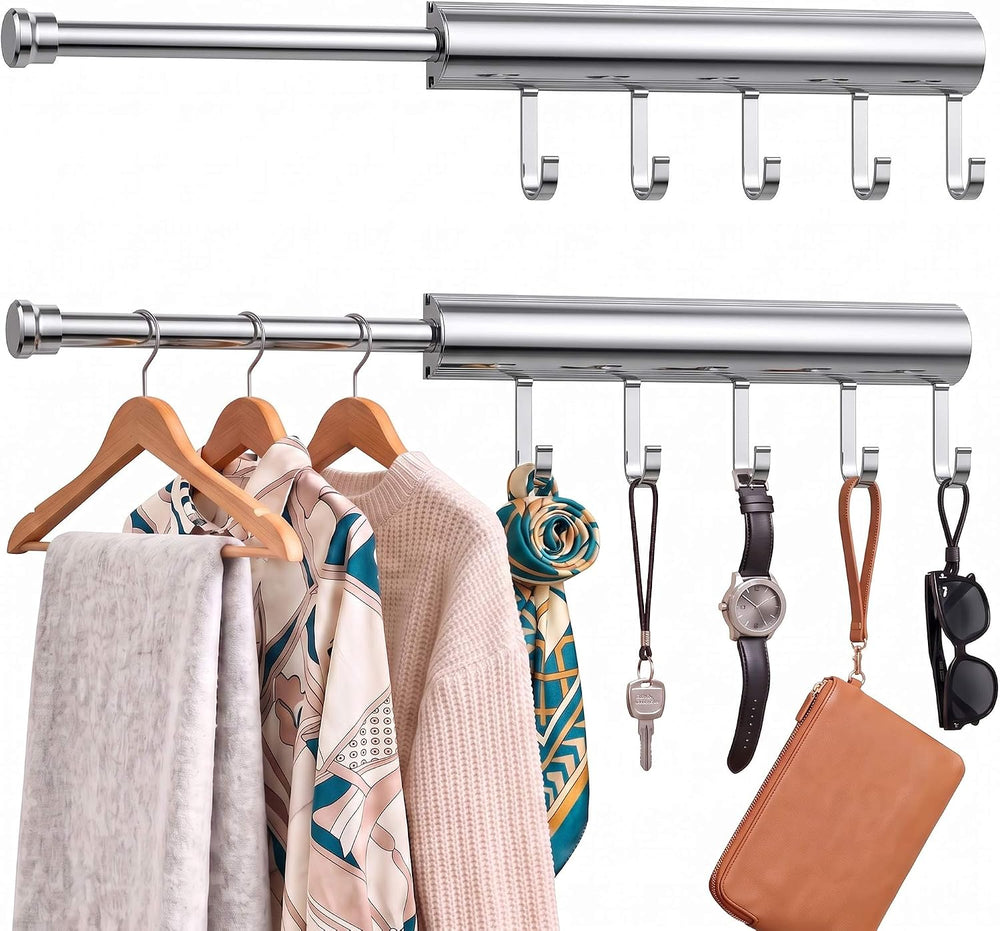 Valet Rod for Closet, 12" Pull Out Retractable with 5 Hooks（Chrome)