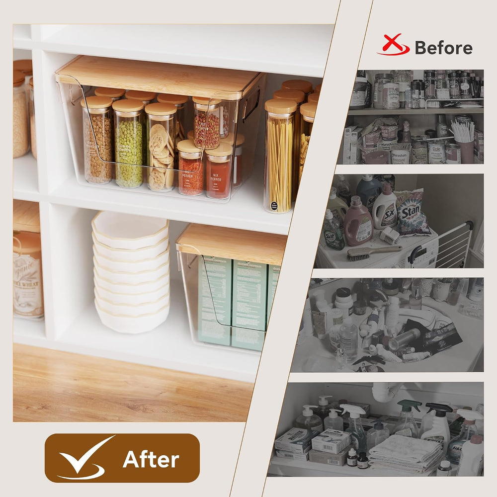 2 Set Pantry Organizers and Storage with Bamboo Lids, Stackable Clear Bins fo...