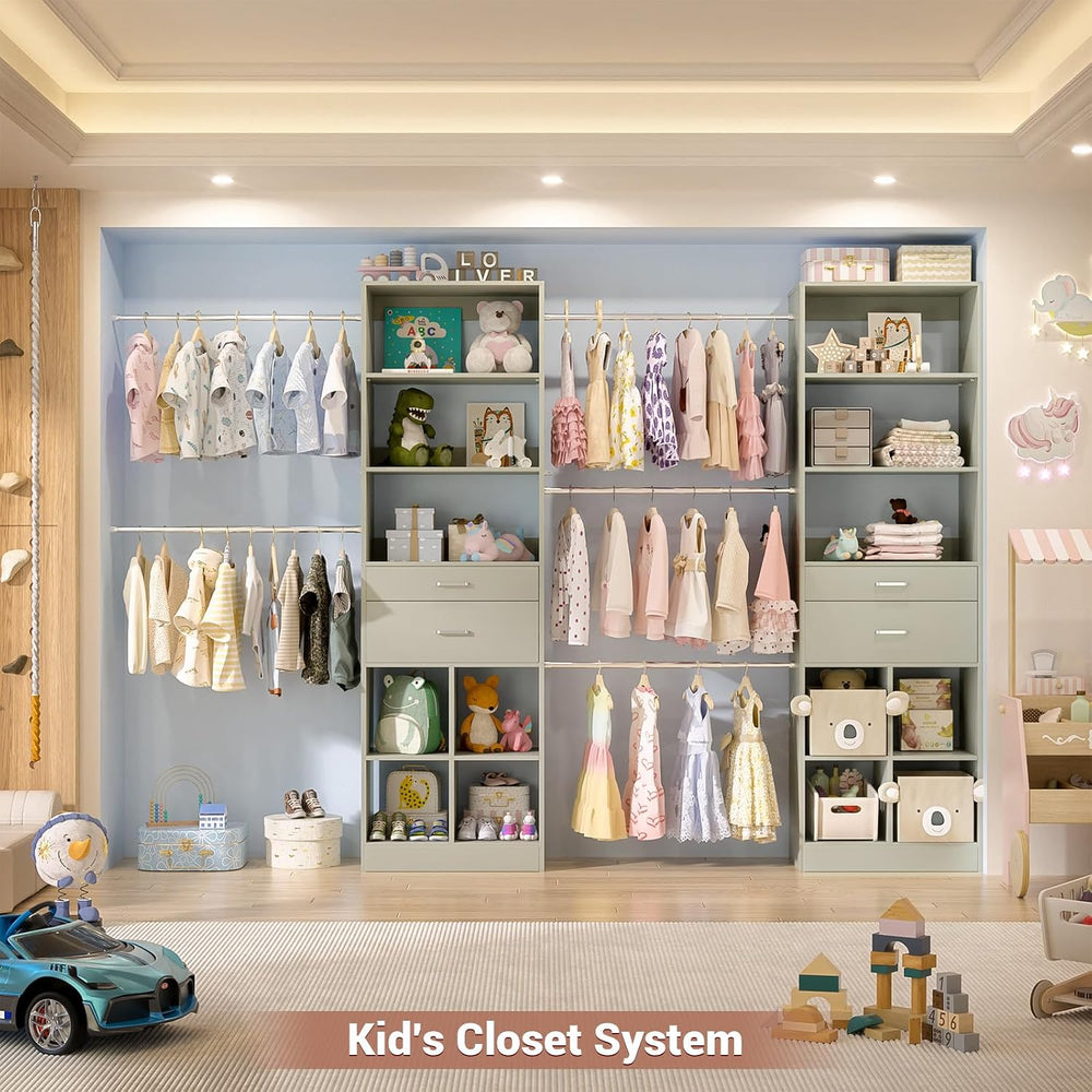 Besiost Closet System, 7.4ft-10ft with 4 Wooden Drawers and 5 Hanging Rods, C...