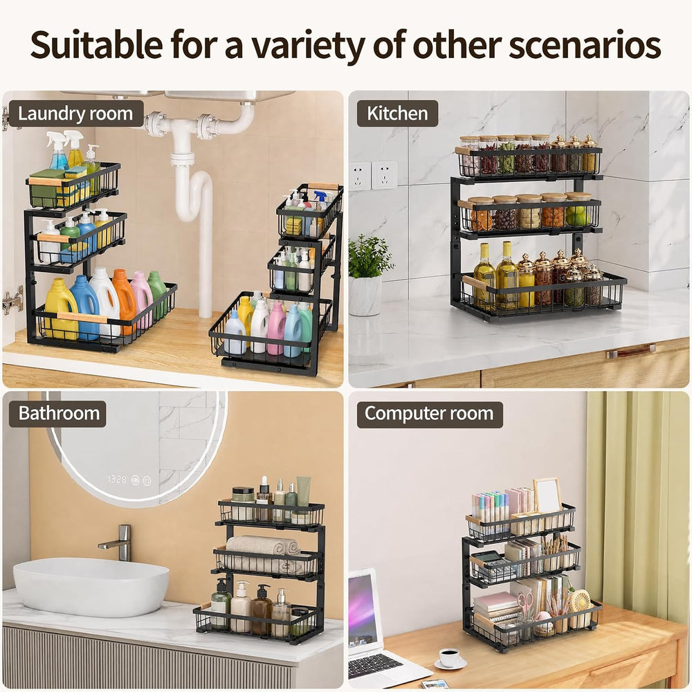 Three-Tier Under Sink Organizer Kitchen Bathroom, Grid, 2 Pack