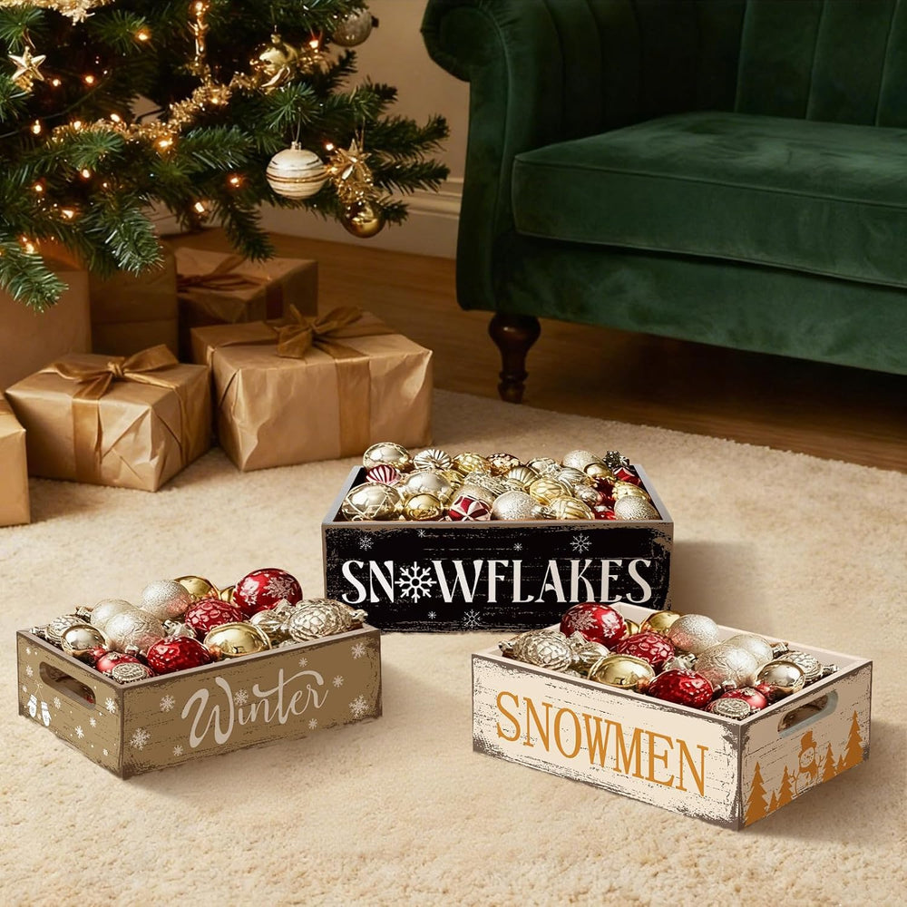 3 Pcs Christmas Wooden Crate Beige Snowman Snowflakes Holiday Box