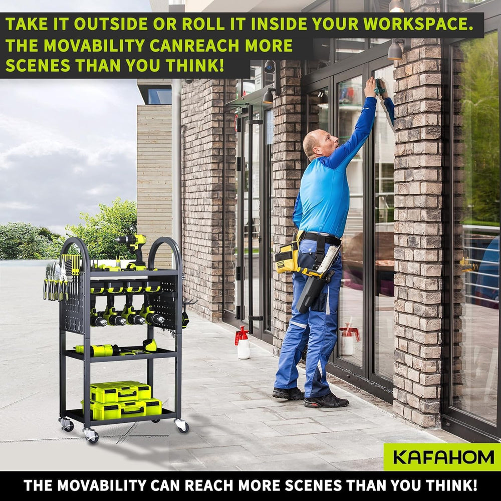KAFAHOM Power Tool Organizer - 4 Tier Rolling Tool Cart with 8-12 Drill Holde...