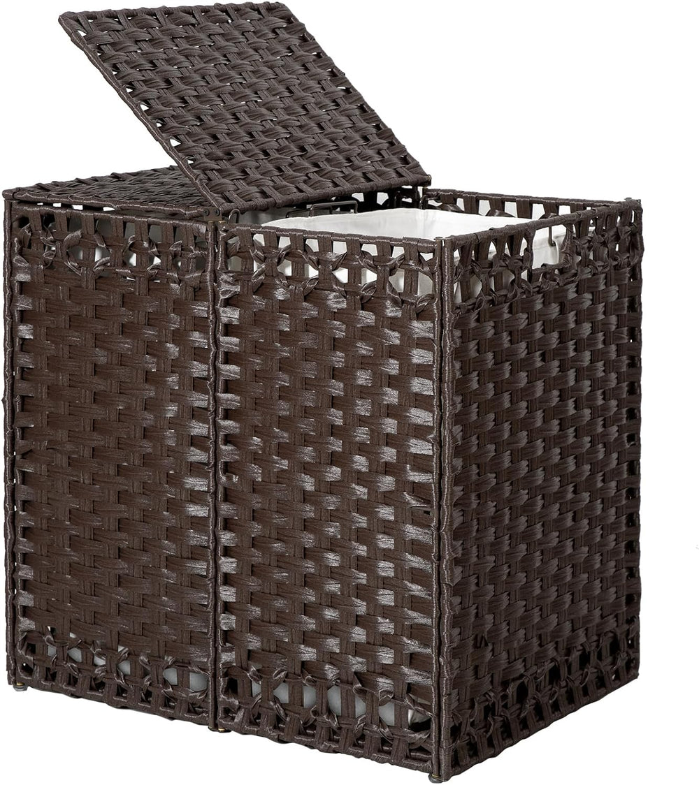 170L Foldable Laundry Hamper with Lid - Handwoven Rattan Storage Basket, 2-Se...