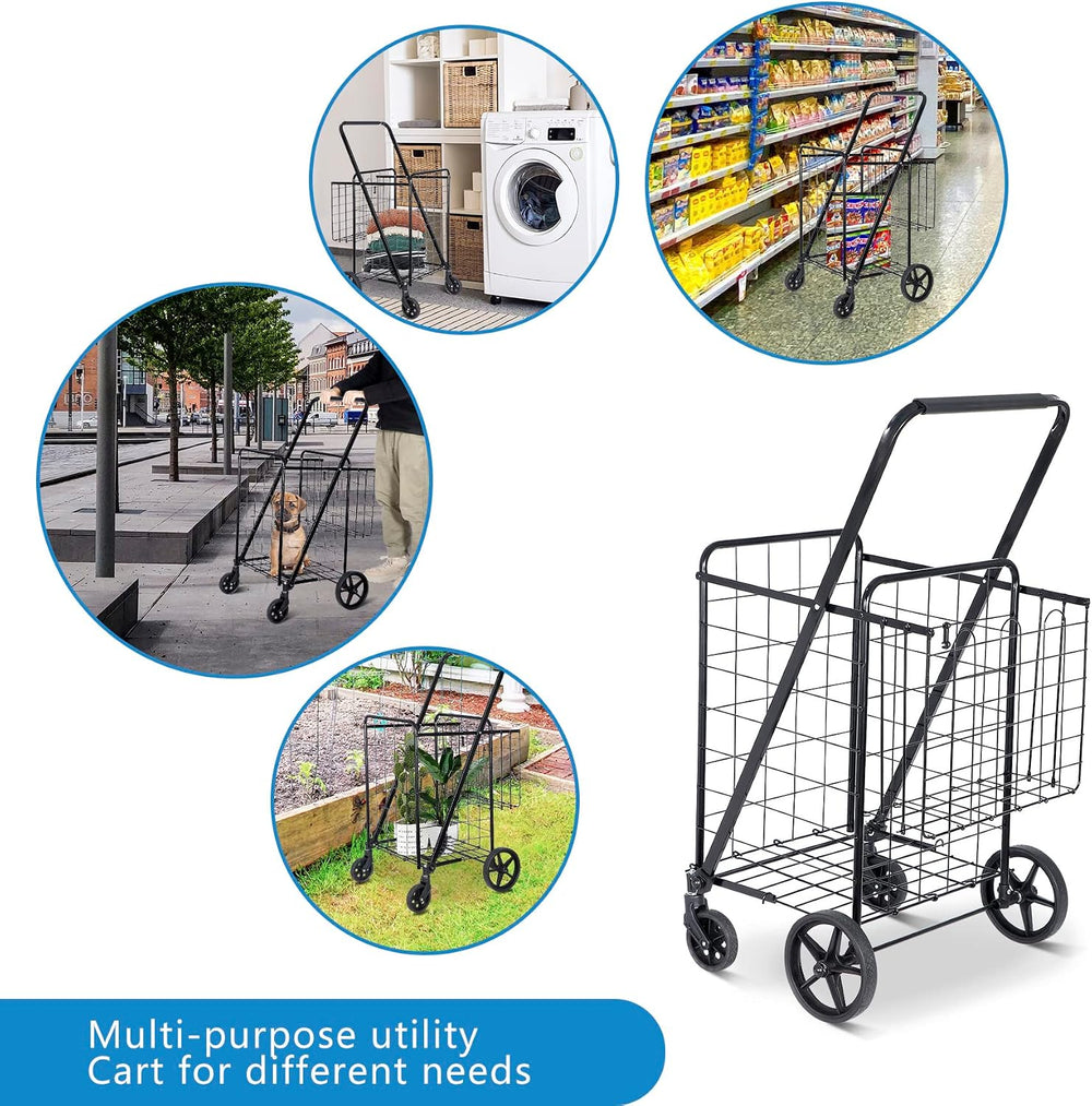 SUPER DEAL Folding Shopping Cart with Wheels and Double Basket for Groceries ...