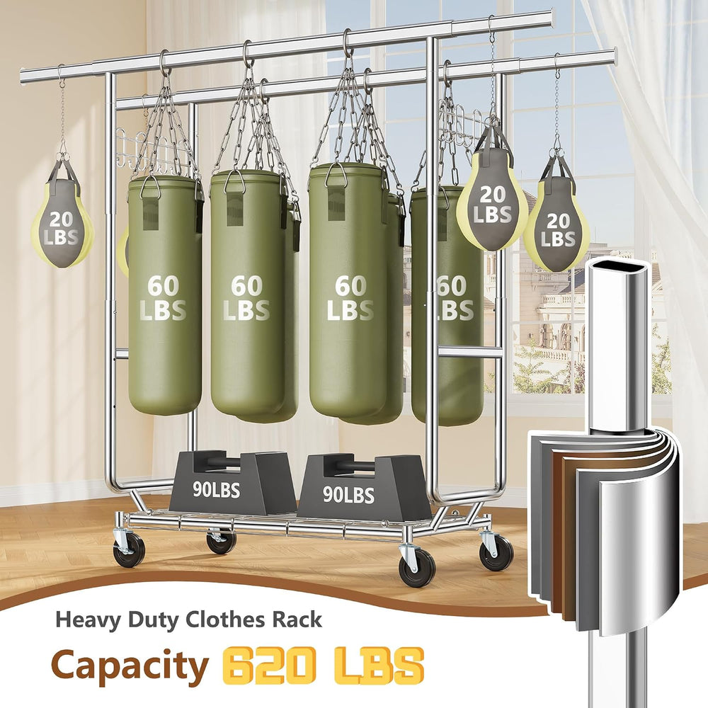 Hoctieon 2-Minute Assembly Double Rod Clothes Rack, Heavy Duty Rolling Clothi...