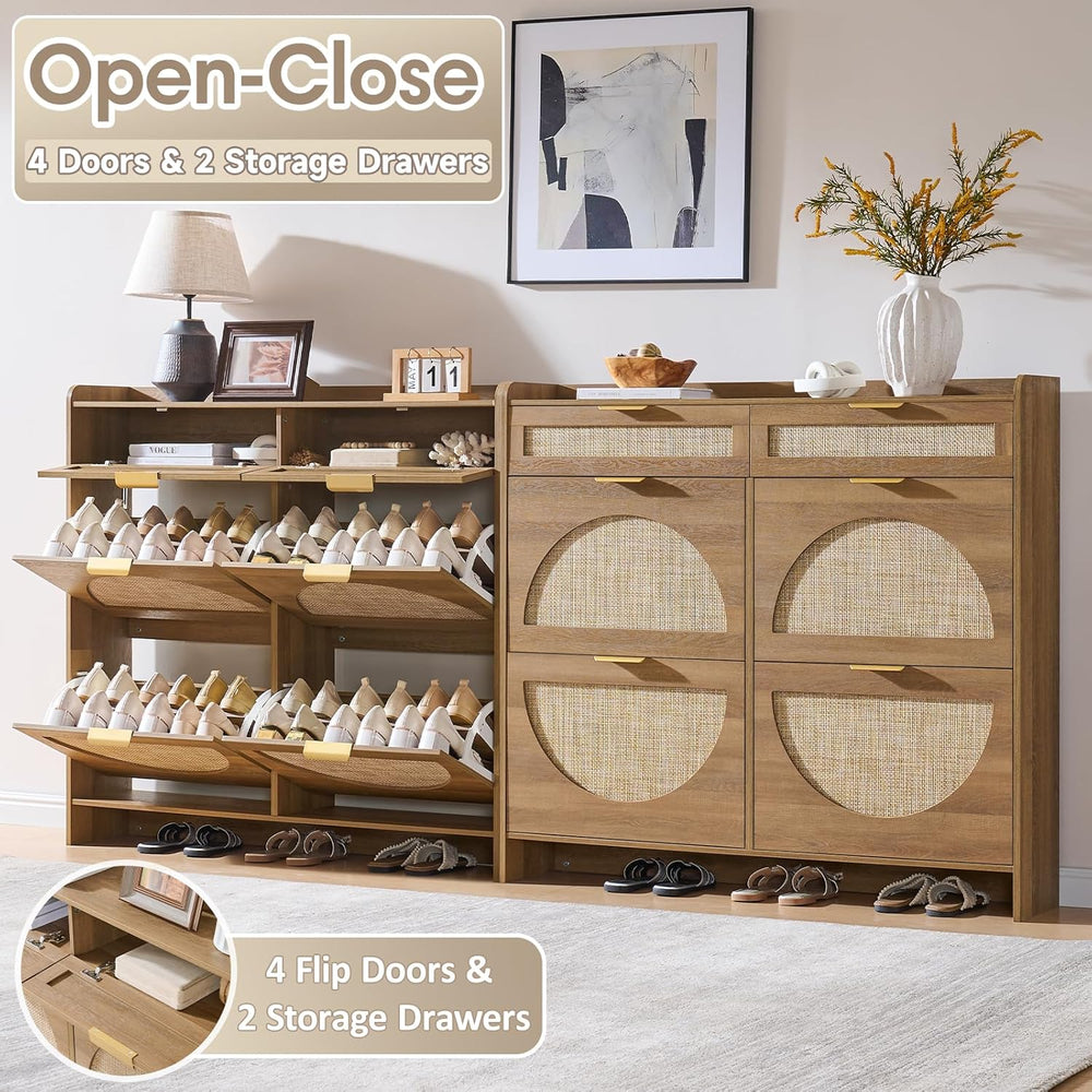 Rattan Shoe Storage Cabinet with 4 Flip Drawers & 2 Drawers, Freestanding...